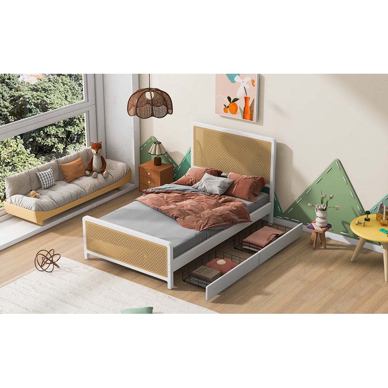 Lit plateforme en métal avec 2 tiroirs, Lit double