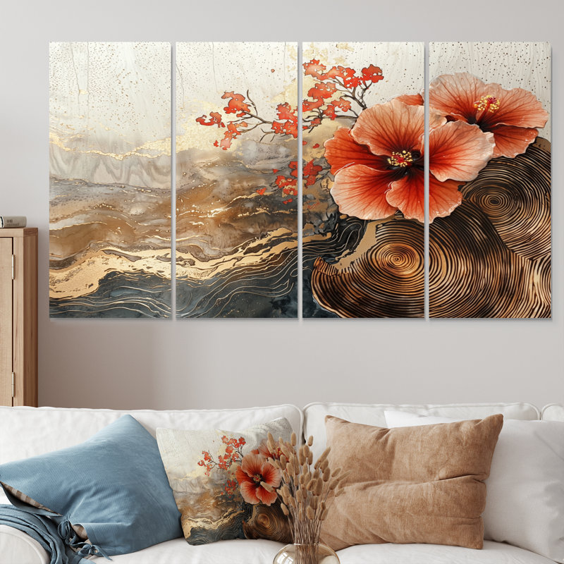 Fleurs d'hibiscus sur un horizon en bois I - Hibiscus Wall Art - Décoration murale traditionnelle, H 32 po x l 64 po, 4