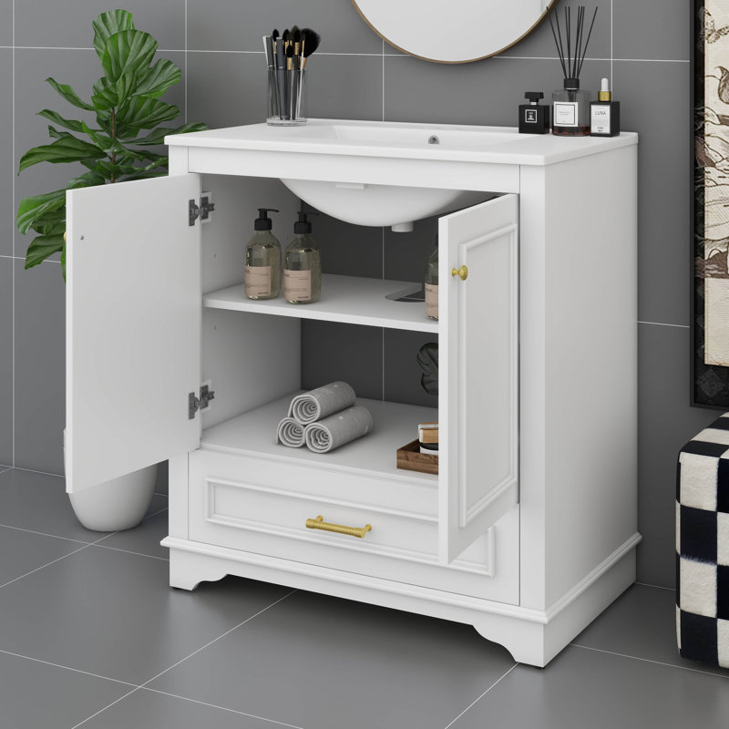 Meuble-lavabo autoportant de 30 po avec lavabo en céramique, armoire de rangement pour salle de bain avec portes à fermeture douce et tablette réglable, tiroir