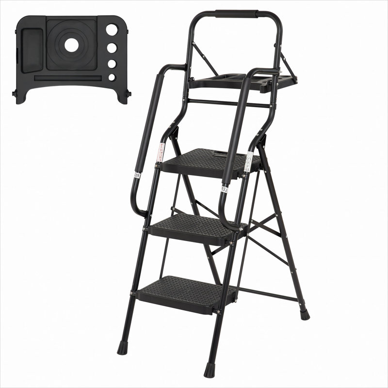 3 Step Ladder With Handrails Folding Step Stool With Tool Plateform, 330 Lb Capacity Step Stools For Adults Portable Ladder For Home Kitchen Steel Frame With Non-Slip Wide Pedal