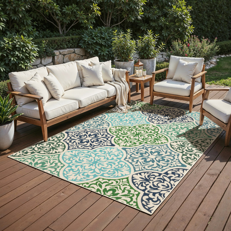 Tapis intérieur / extérieur bleu / vert Aganlane Morrocan Medallions, Rectangle 8 pi 6 po x 13 pi
