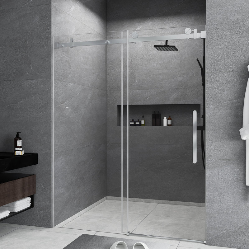 56-60 "W X 76" H Frameless | Single Sliding | Shower Door | 1/4 Inch Transparent Glass With Explosion Proof Film | Stainless Steel Handle | Square Tube Track | Brushed Nickel