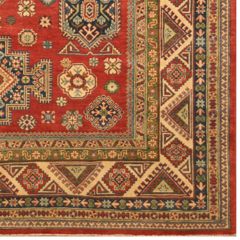 Tapis unique en laine noué à la main beige / brun / rouge de 8 pi 3 po x 9 pi 4 po Kazevan Jevon