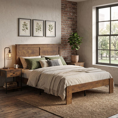 Platform Bed Frame with Industrial Farmhouse Headboard, Wood Slat Support,  Under‑Bed Storage, No Box Spring Needed