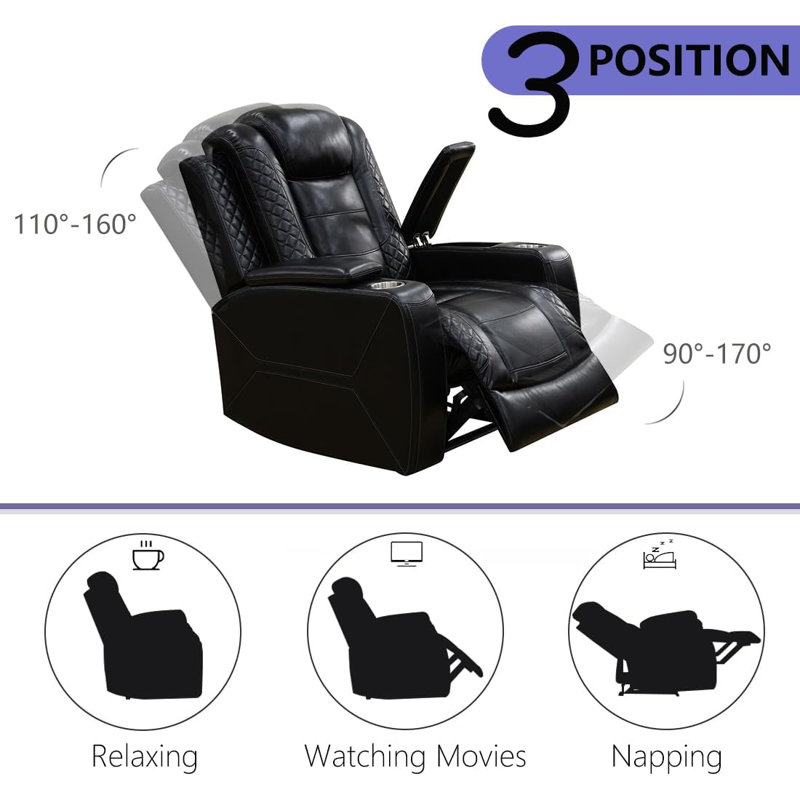 Fauteuil inclinable électrique en similicuir 36,6 po avec deux porte-gobelets, rangement dissimulé et éclairage ambiant à DEL