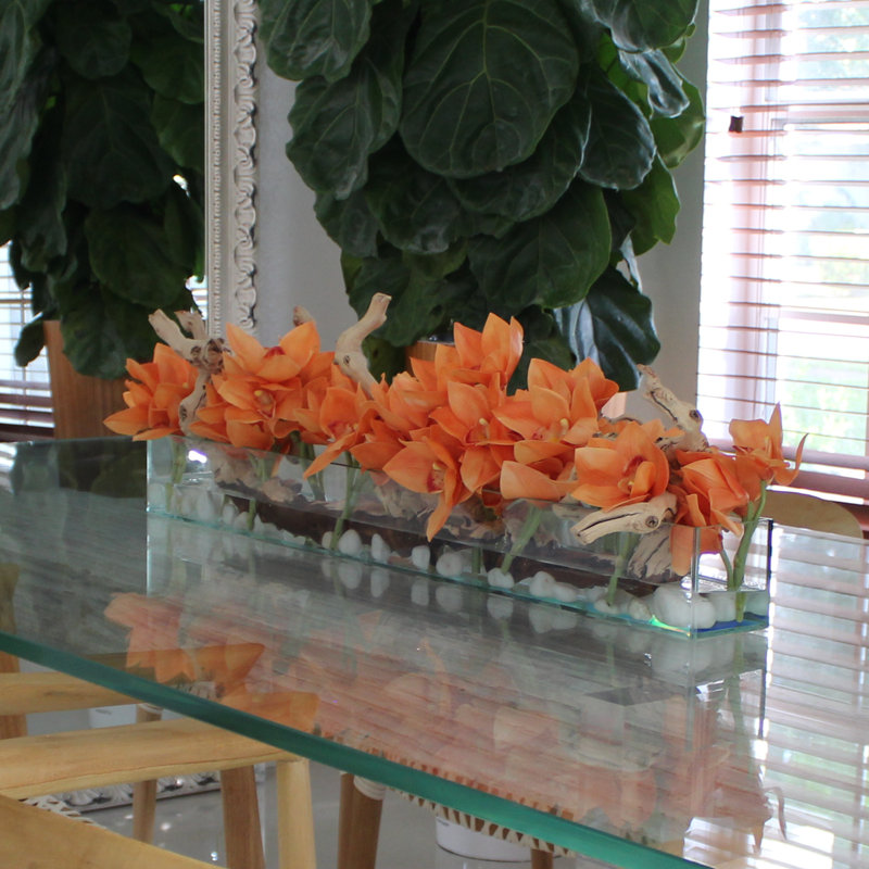 Driftwood Cymbidium Orchids Centerpiece in Glass Planter, Orange, 8" H x 24" W x 6" D
