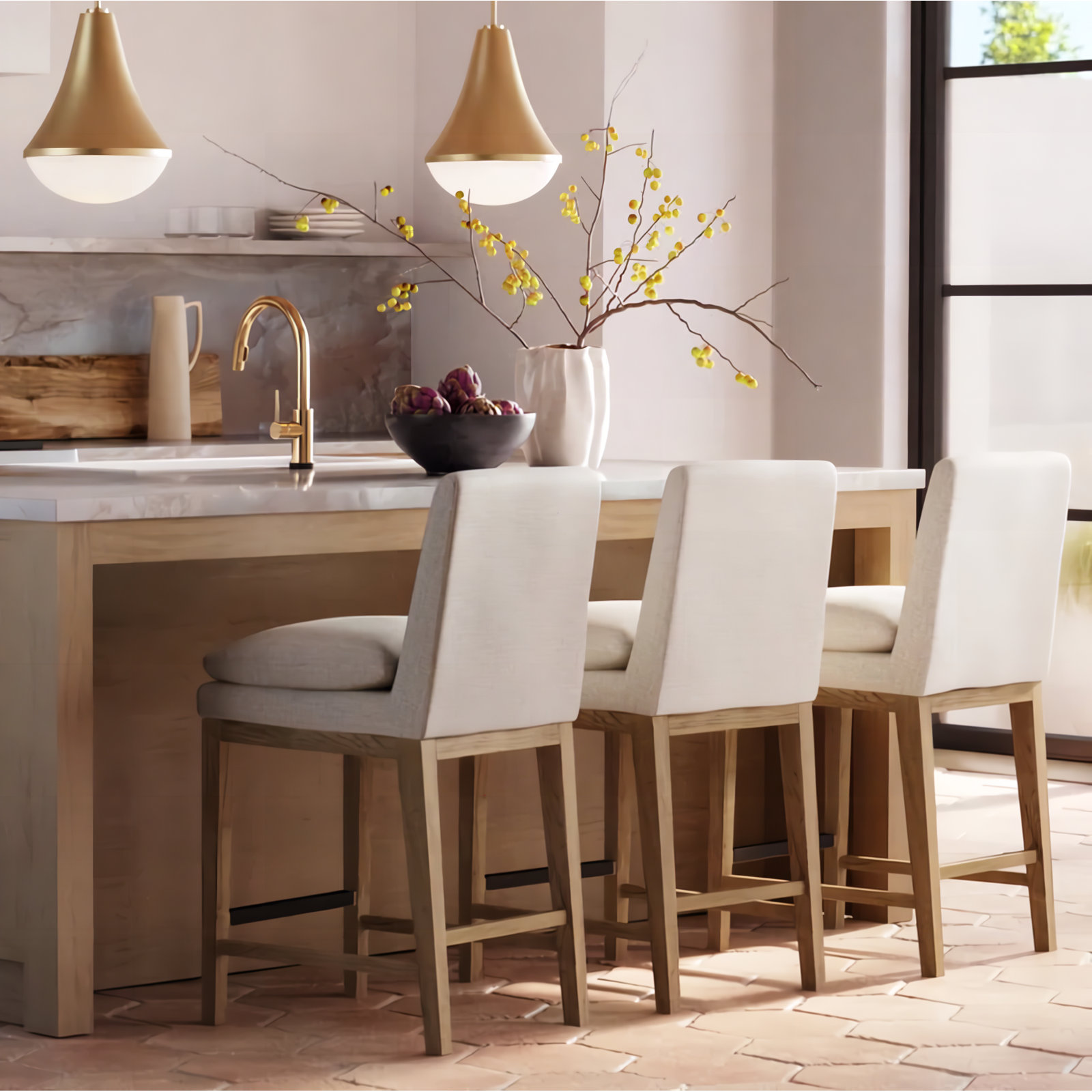 Bethea Upholstered Counter Stool, Effie Linen Performance Linen