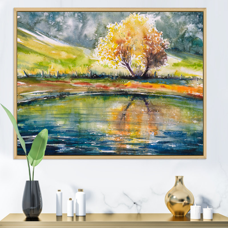 Arbre d'automne avec feuilles orange - peinture sur toile, H 12 po x l 20 po, Toile avec cadre en érable