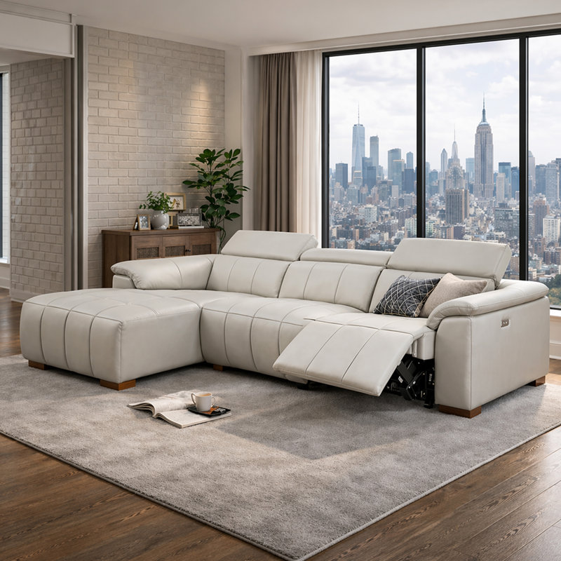 L-Shaped Reclining Sofa Couch With Chaise, Modern Genuine Leather Sectional,Electric Control Sofa Couch With Headrest & Footrest