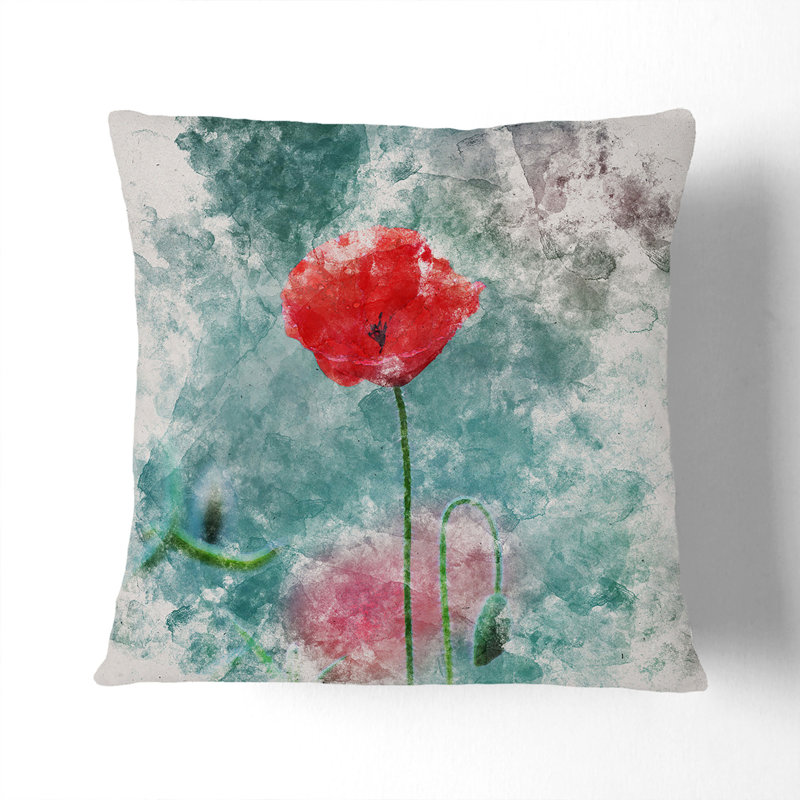 A Lone Poppy Flower Watercolour Scatter Cushion, 55cm H x 55cm W x 20cm D