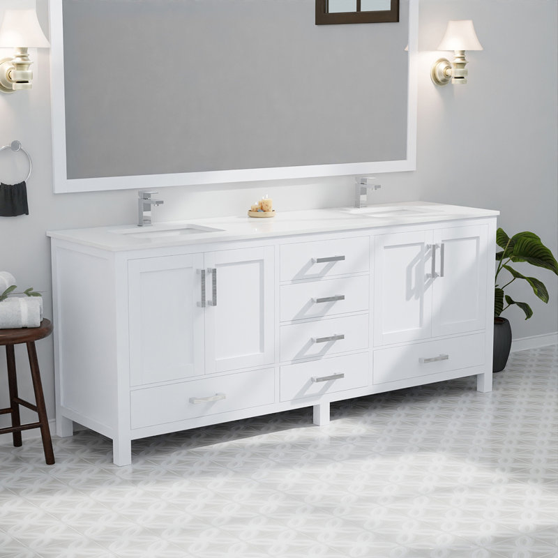 Meuble-lavabo double l 80 po x P 22 po, comptoir en quartz blanc et miroirs de 30 po, Blanc