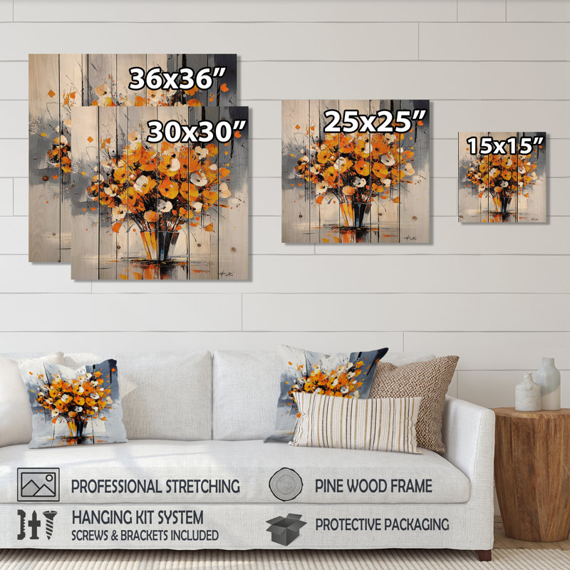 Bouquets de coquelicots orange et gris I - coquelicots, art mural en bois sur bois de pin naturel, H 15 po x l 15 po