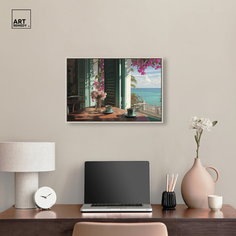 «Morning Coffee Ocean View», reproduction d'art sur toile encadrée par Art Remedy, cadre argenté, 24 x 16, 17"H x 25"W