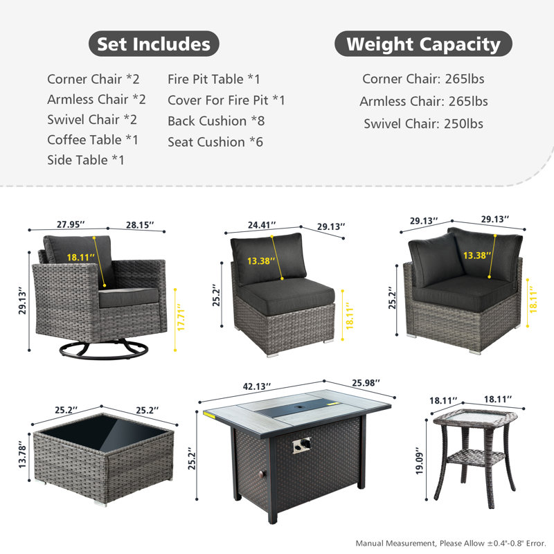 Ensemble de mobilier d'extérieur 9 pièces avec poêle, Noir, noir, noir, noir