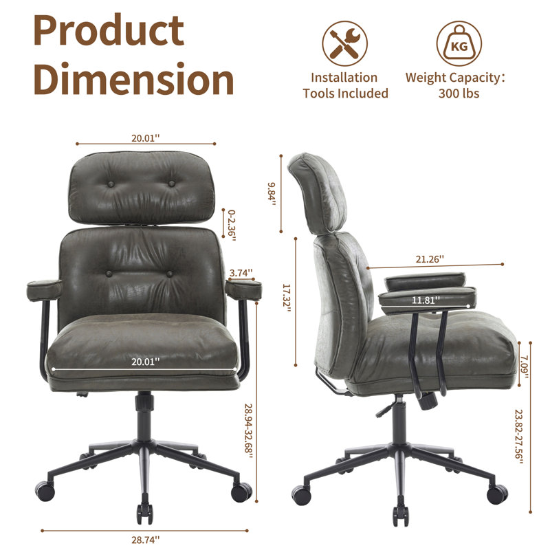 Big and Tall Executive Chair with Adjustable Headrest, High Back Mid Century Modern Desk Chair Faux Leather Home Office Chair with Thickened Cushions,Black