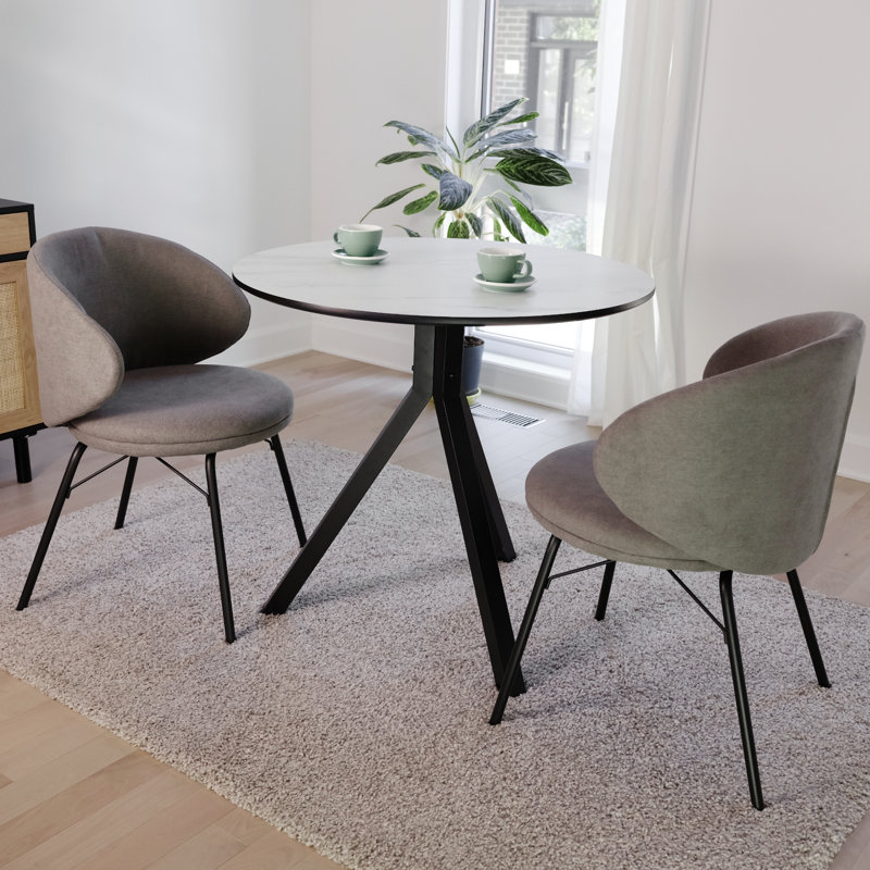 Ensemble de salle à manger moderne 3 pièces - table ronde en faux marbre 31,5 po et 2 chaises rembourrées à dossier demi-tonneau gris