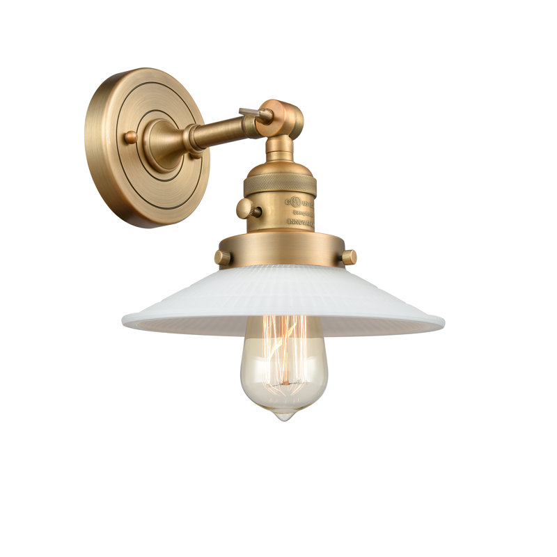 Gartner Armed Sconce, No Bulb Included, Brushed Brass, Matte White Halophane