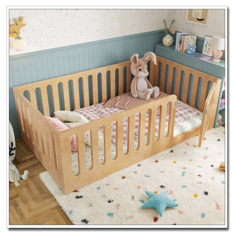 Lit sur pied avec clôture haute avec porte, profil bas et conception sans sommier, Lit simple, Naturel