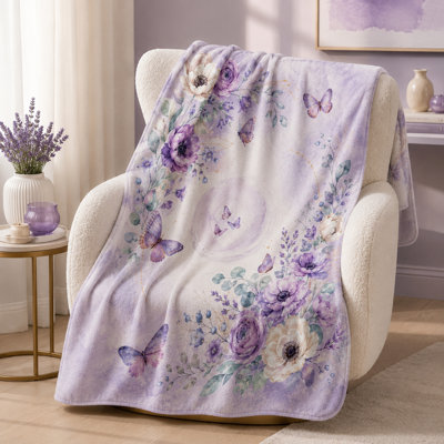 Lavender Floral Butterfly Throw Blanket, Watercolor Purple and White Blooms with Eucalyptus and Gold Accents for Sofa, Bed and Reading Nook Use, 40 x 50 in