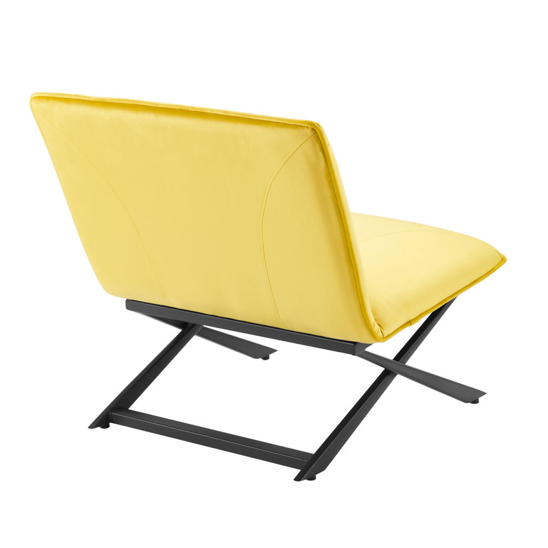 Tufted Velvet Slipper Chair with Metal Cross Base, Yellow Velvet, Black