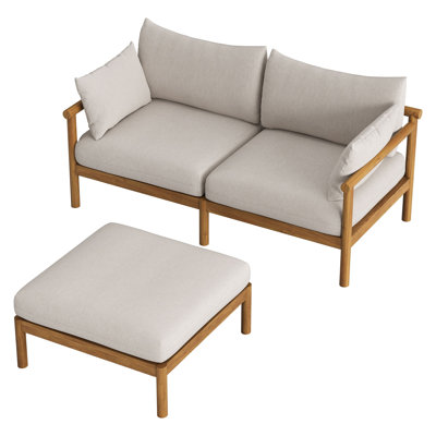 Eleni 2-Piece Outdoor Teak Wood Loveseat with Ottoman Set in Natural Sail
