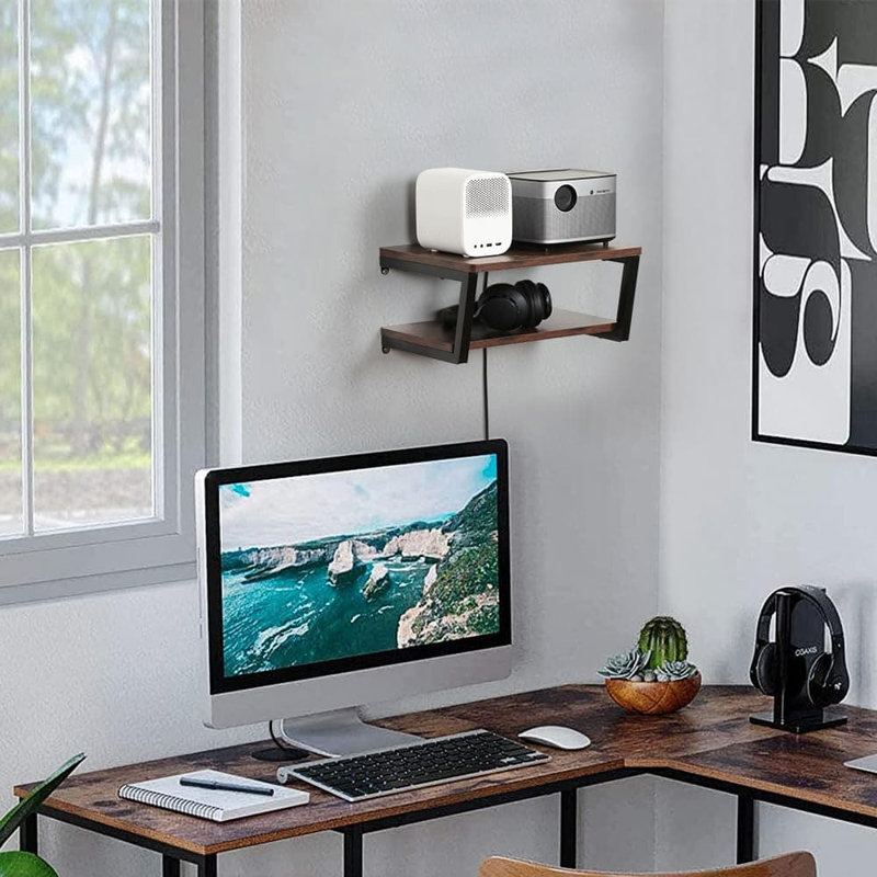 2-Tier Floating Wall Mounted AV Shelf With Cable Management - Heavy Duty Steel Frame Media Stand For Projector, Gaming Console & Entertainment Center