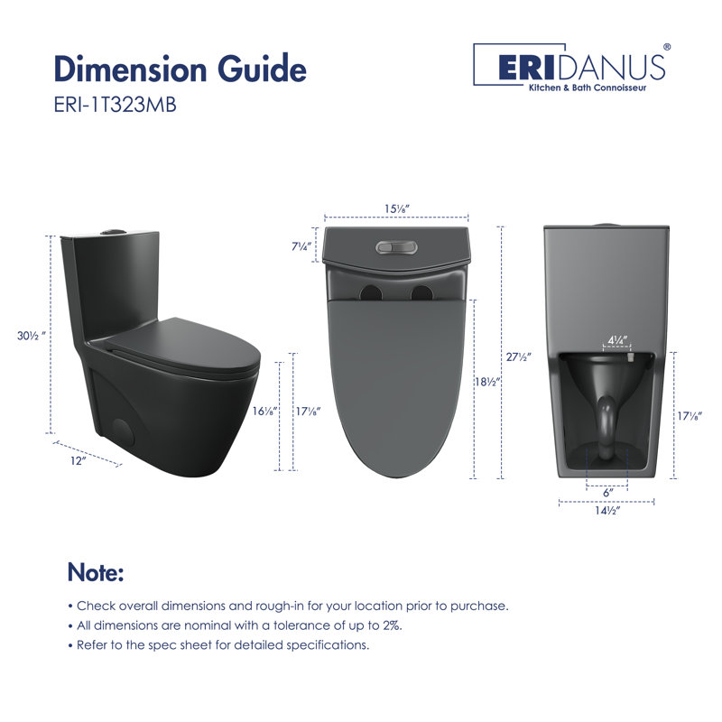 Toilette moderne une pièce à chasse double 1,1 / 1,6 GPF Reno en noir mat (siège inclus), Noir mat