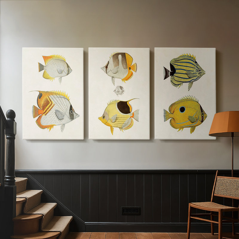 Poisson jaune et gris I - Toile tendue avec châssis sur mesure - 3 pièces, H 60 po x l 120 po