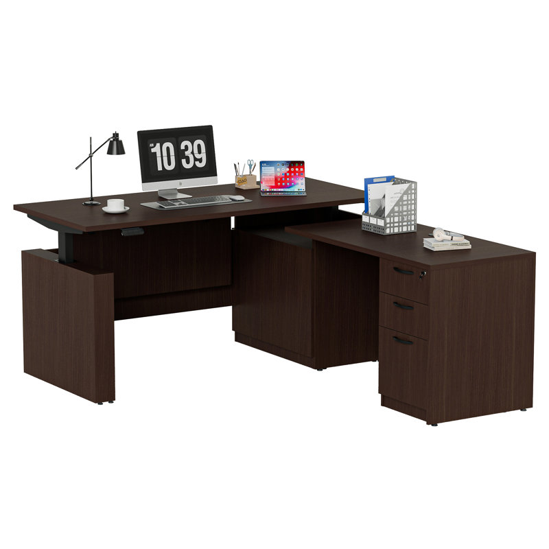 66.93" L-Shaped Height Adjustable Standing Desk With Pre-Assembled Frame and Lockable Cabinet, Brown, Right Hand Return