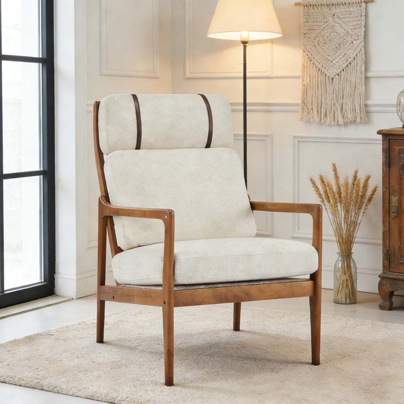 Fauteuil d'appoint moderne, structure en bois massif avec dossier haut, Polyester, Beige, noyer