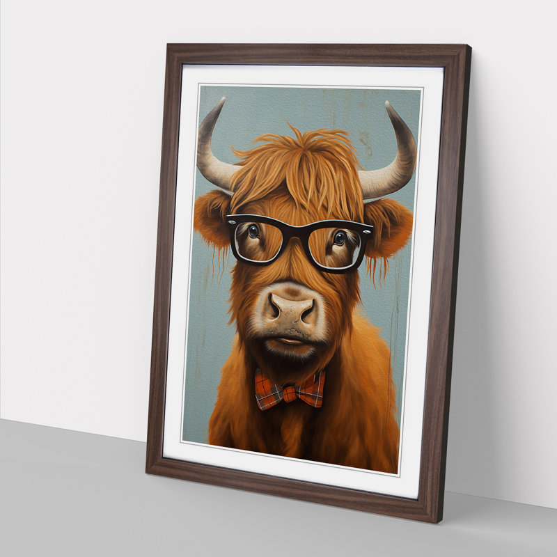 Highland Cow With Glasses Painting - Single Picture Frame Print on Wood, 46cm H x 34cm W x 2cm D, Walnut Framed