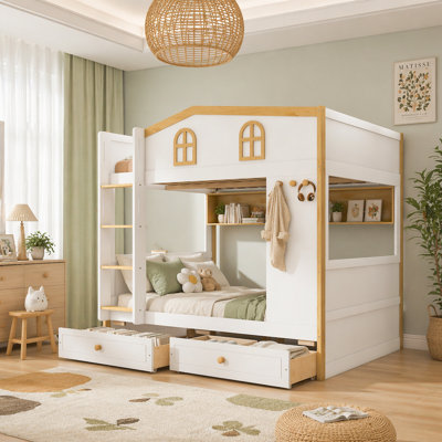Full over Full Size Bunk Bed with House-shaped Guardrails and Storage Shelves and Drawers,White+Natural