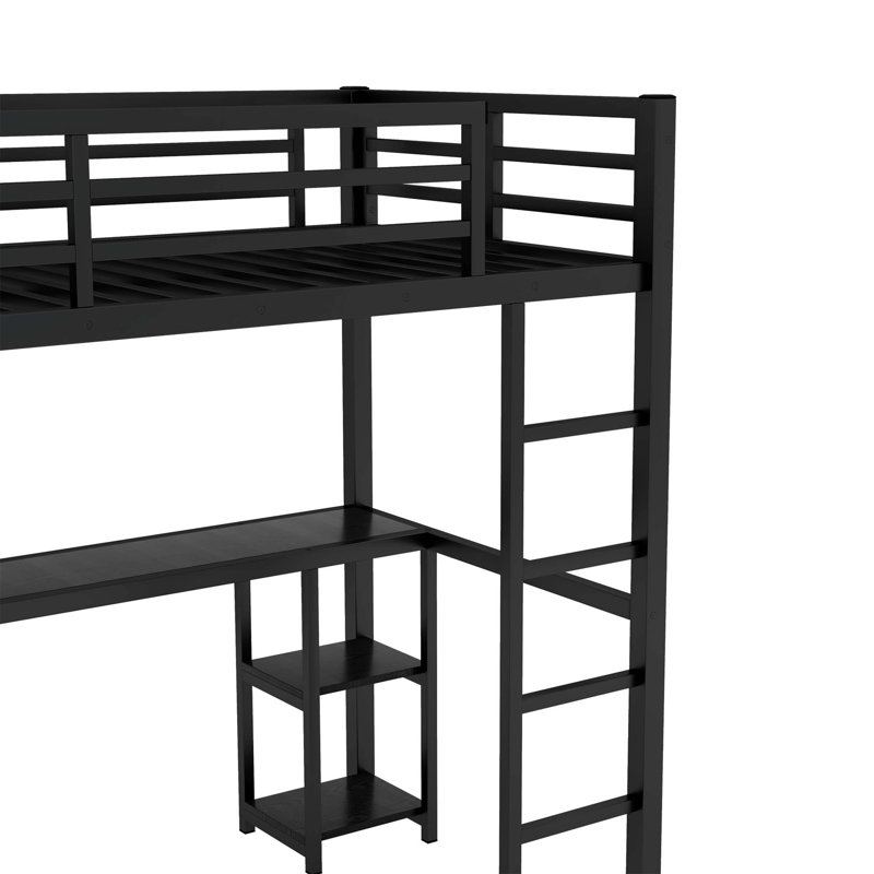 Structure de lit mezzanine avec garde-robe intégrée, lit mezzanine en métal avec bureau et tablettes de rangement
