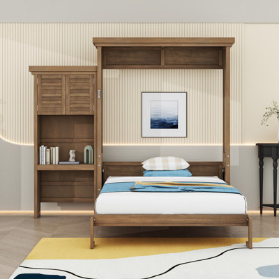 Grand lit escamotable en bois avec tablettes, conception classique à persiennes