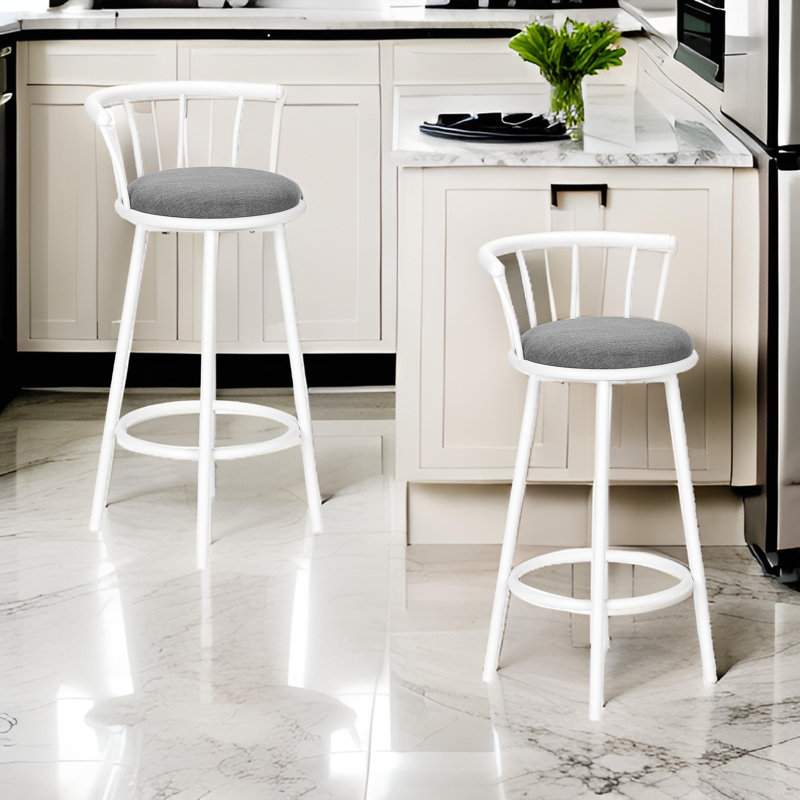 Ensemble de 2 tabourets pivotants Kea, dossier bas blanc incurvé, assise en coton gris