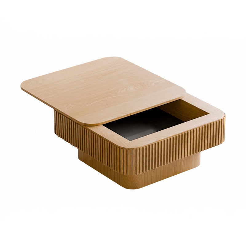 Table basse 31,5 po carrée avec rangement en bois massif plaqué, Bois naturel