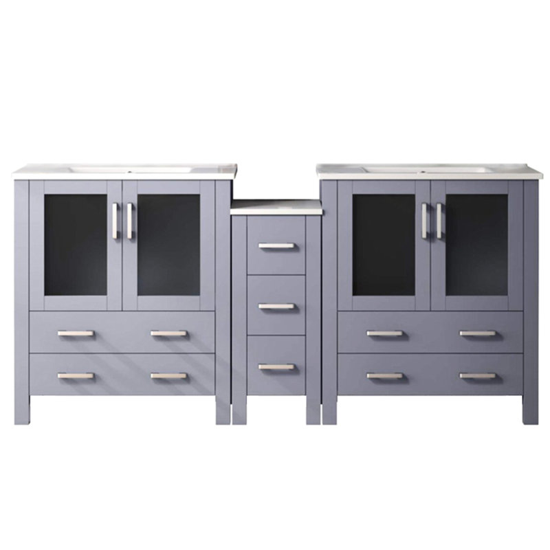 72 po Meuble-lavabo double large gris foncé avec armoire latérale, comptoir en céramique blanche, structure en bois massif, fermeture en douceur, 2 armoires intérieures, 7 tiroirs pour rangement spacieux, fabrication