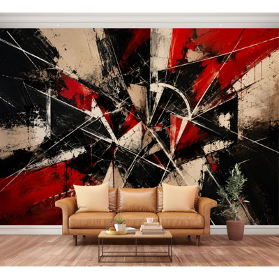 Wall Mural Peel and Stick Wallpaper Abstract Expressionist Painting Beige Black Red Dynamic Brush Strokes Self-Adhesive Removable Contact Paper Wall Decor for Living Room Bedroom 100"H x 144"W