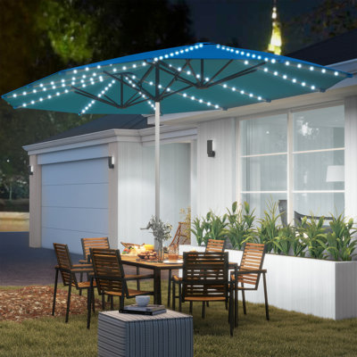Parasol d'extérieur double face 15 pi avec lumières solaires, UPF50 + très grand parasol de patio en aluminium avec manivelle, bleu