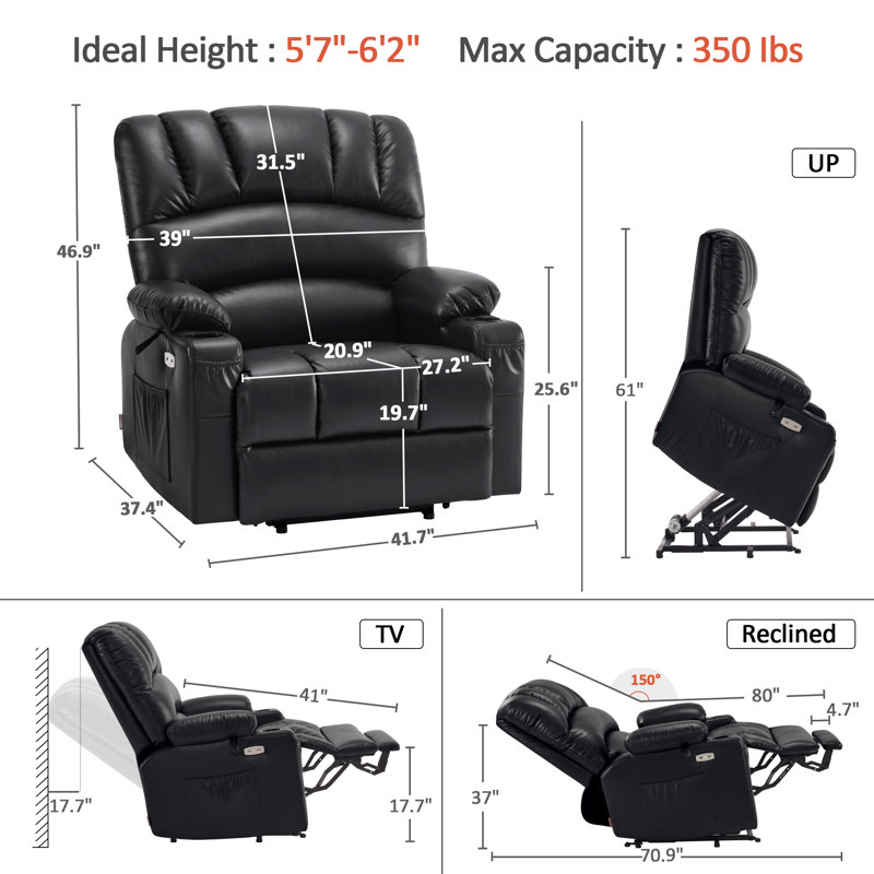 Power Lift Recliner Chair With Massage And Heat for Big Elderly People, Cup Holders, Side Pockets, Faux Leather (Large-Wide)