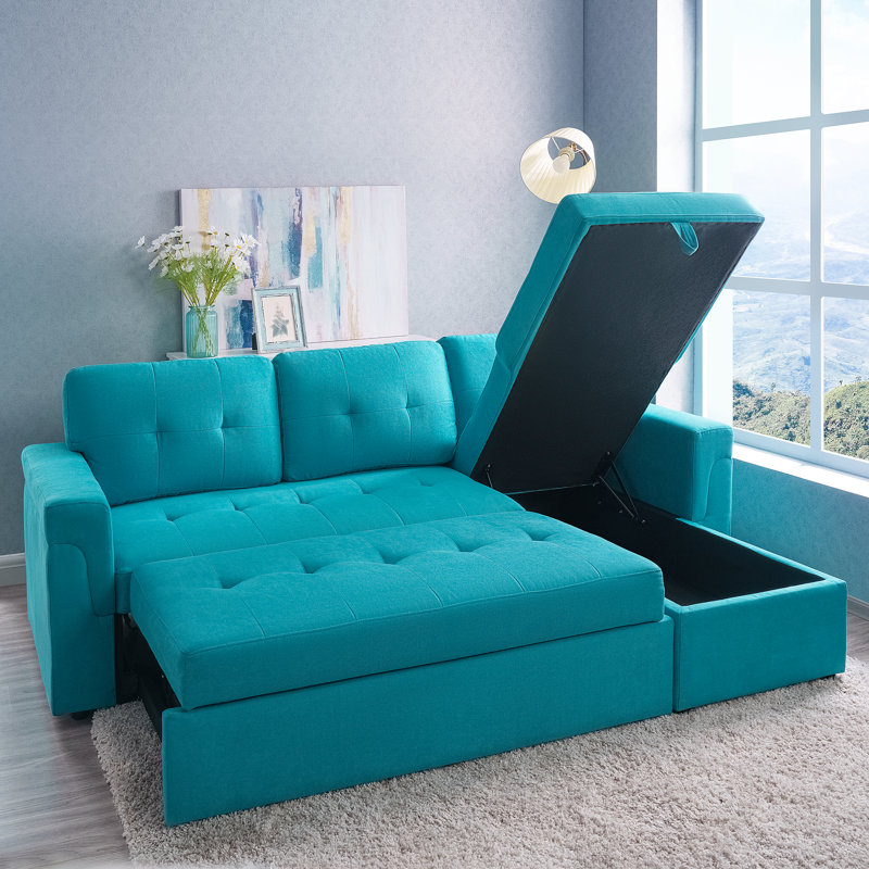 Comfy Reversible Sleeper Sofa with Hidden Storage & Pull-Out Bed - L-Shaped, 34.25" H x 81.03" W x 49.63" D, Teal Velvet