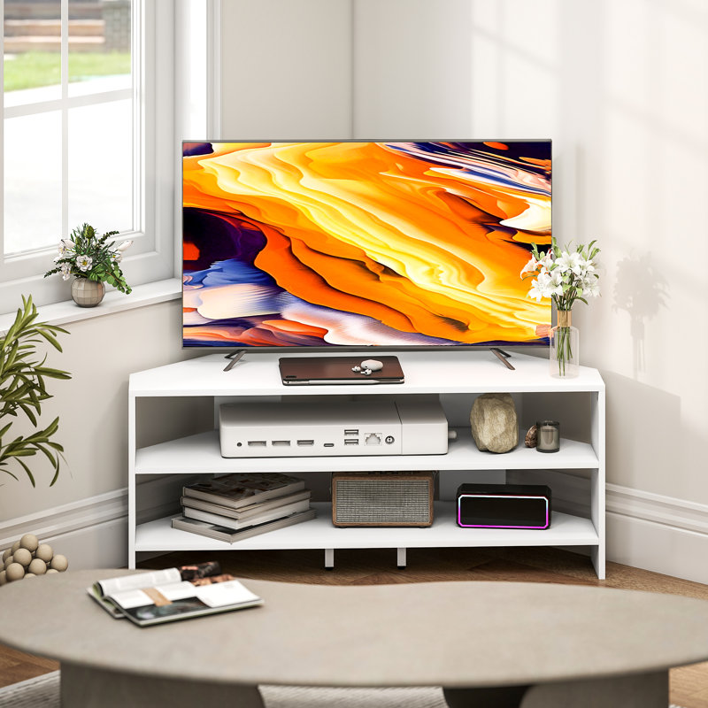 Meuble télé d'angle pour téléviseur 47 po, console de télévision avec 2 tablettes ouvertes, blanc