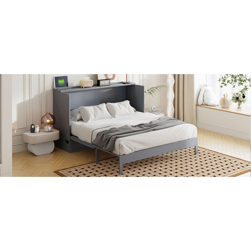 Grand lit escamotable avec grands tiroirs, gris, Gris, Grand lit