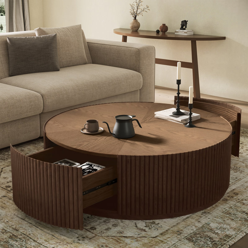 Fully Assembled Modern 35" W Contemporary Round Coffee Table with Solid Wood Fluted Base, 2 Hidden Storage Drawers & Wood Veneer Top