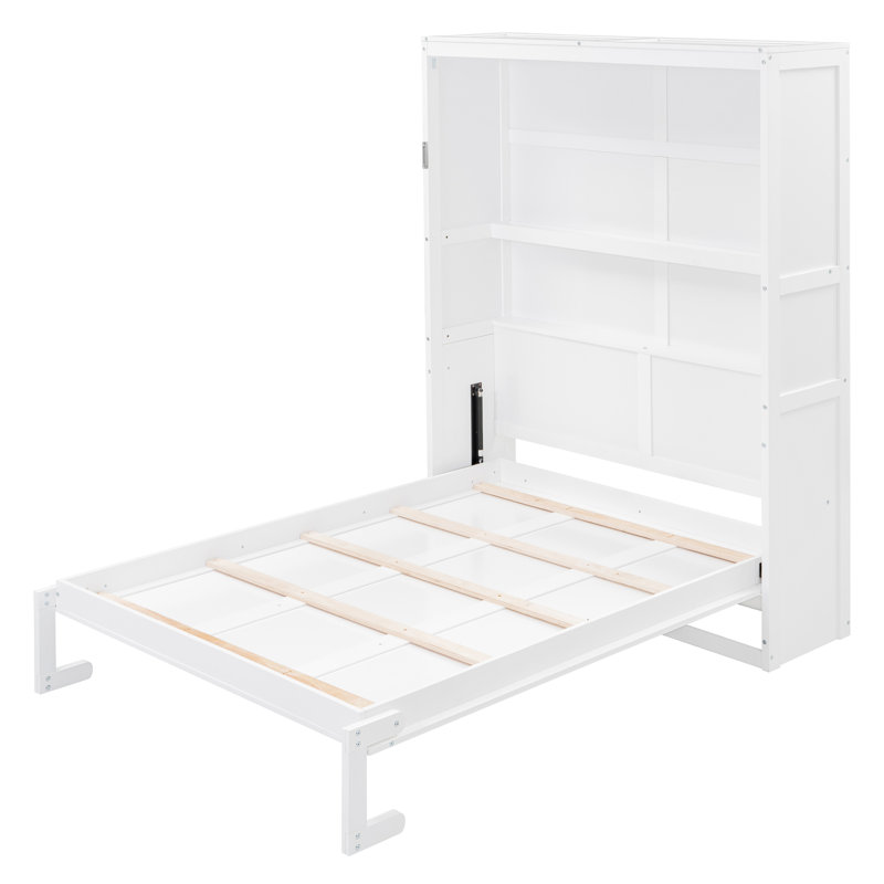 Lit escamotable blanc pleine grandeur avec tablettes intégrées