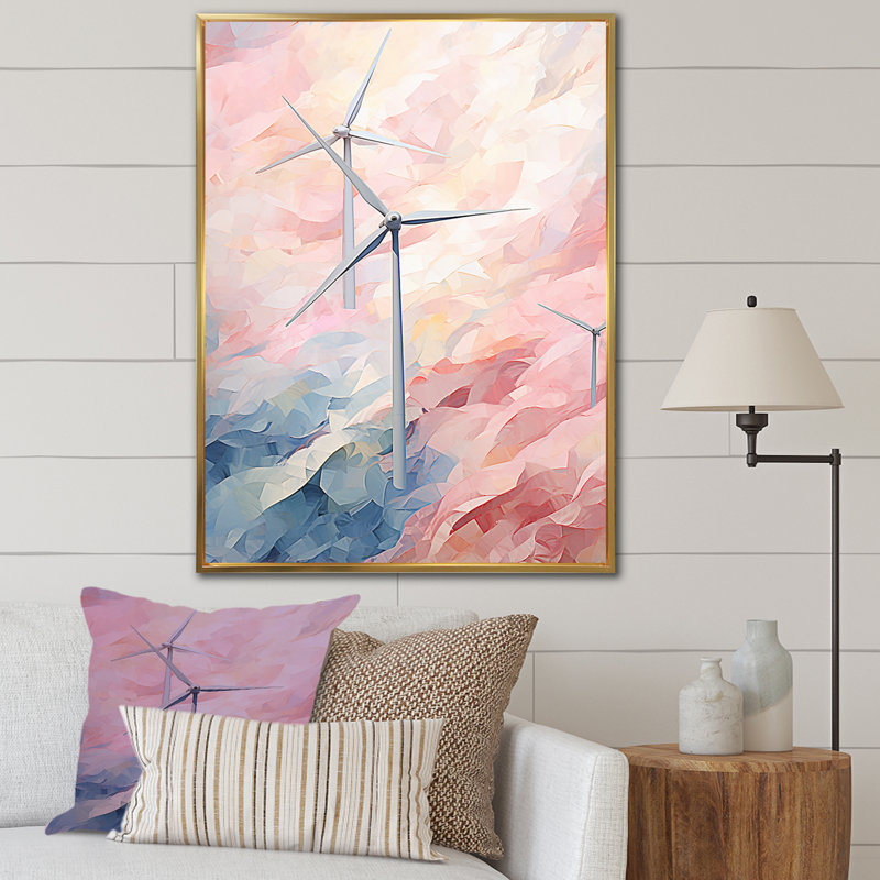 Minimalisme, éoliennes sur toile, Cadre flottant doré, H 44 po x l 34 po x P 1,5 po