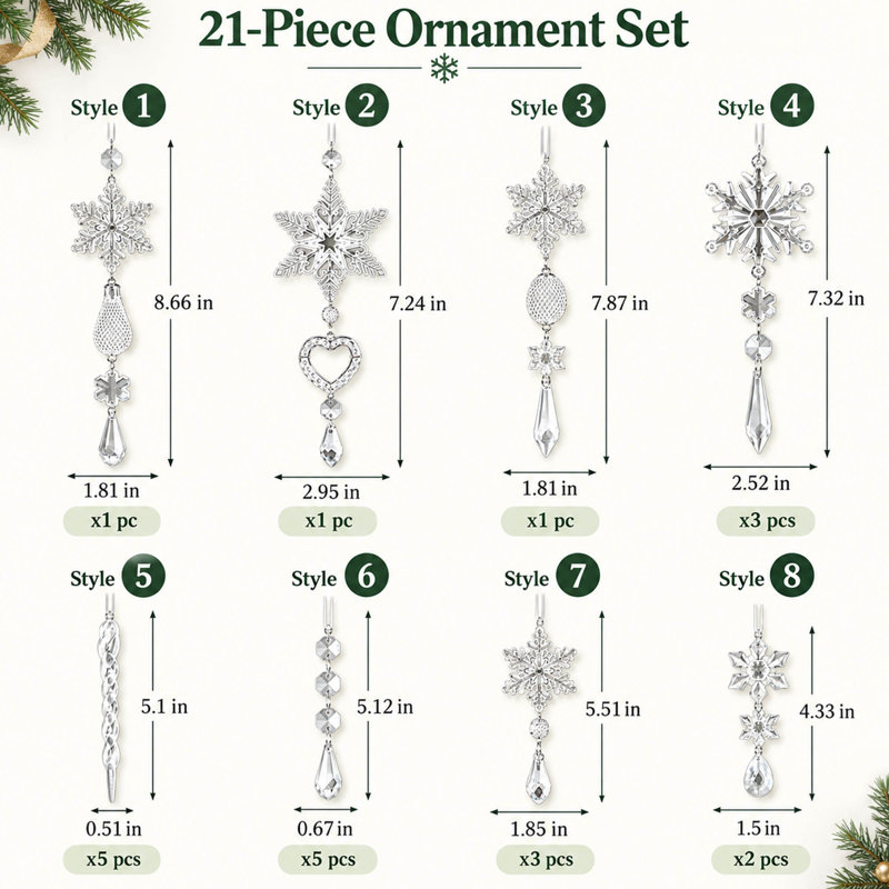 Ensemble de 21 décorations de Noël en acrylique transparent représentant des flocons de neige et des glaçons