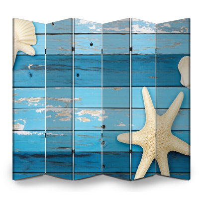 Cloison pliante 6 panneaux paravent bleu royal étoile de mer coquillage océan bord de mer toile séparateur de pièce séparateur de protection autoportant cloison d'intimité