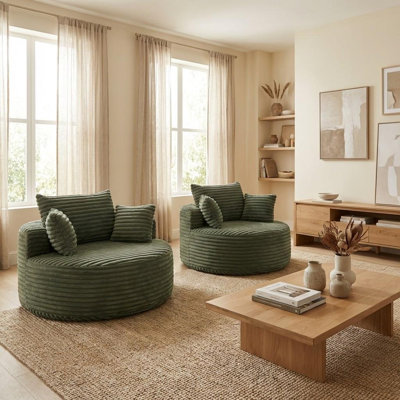  Set Of 2 Wide Modern Round Corduroy Barrel Chair With Channel Tufting