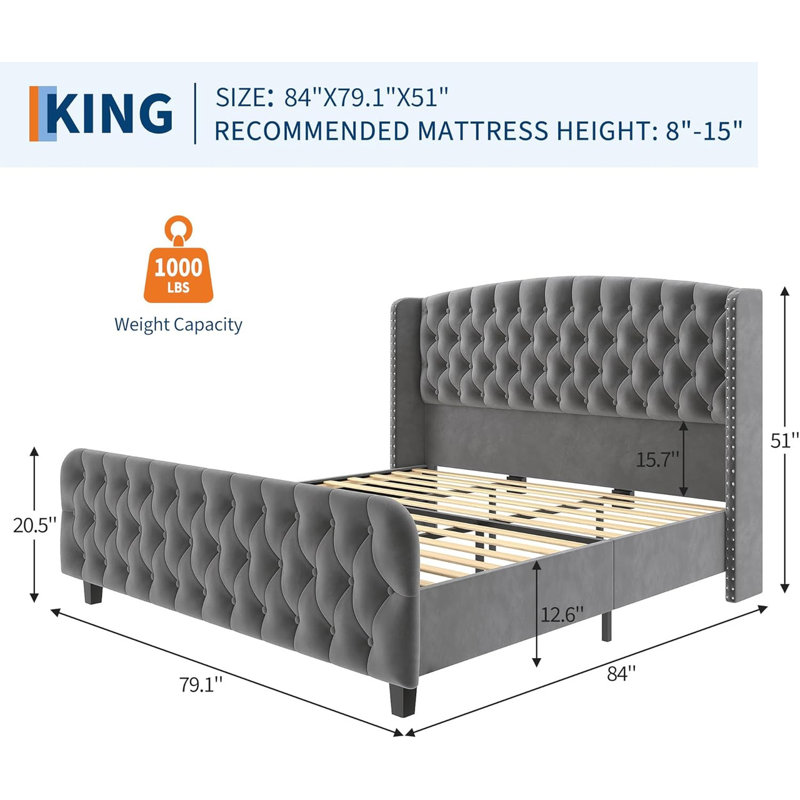 51" Tall Velvet Bed Frame with Tufted Headboard & Footboard, Platform Bed No Box Spring Needed, King